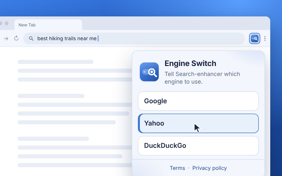 Engine Switch extension popup over a search results window